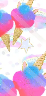 Vibrant unicorn cone wallpaper with stars and cotton candy.