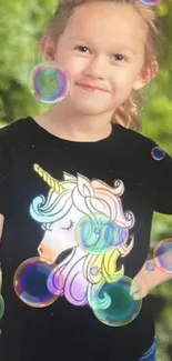 Girl in unicorn shirt in vibrant green forest wallpaper.