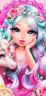 Pastel-haired girl with unicorn, flowers, and butterflies in pink-themed wallpaper.