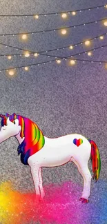 Vibrant rainbow unicorn under twinkling lights on a mobile wallpaper background.