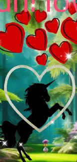 Unicorn in lush green forest with red hearts and love theme.