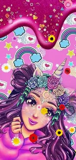 Colorful unicorn girl wallpaper with rainbows and stars.