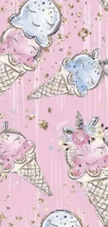 Pink unicorn ice cream pattern wallpaper with whimsical design.