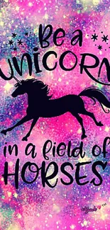 Unicorn-themed inspirational mobile wallpaper with vibrant colors and stars.