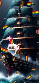 Rainbow unicorn on a ship with floating hearts.