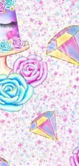 Unicorn-themed pastel wallpaper with roses and diamonds.