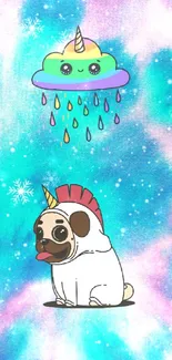 Cute unicorn pug and colorful raindrop cloud on a turquoise fantasy background.