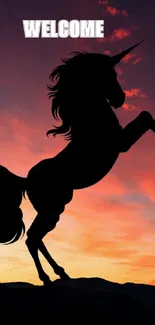 Silhouette of unicorn against vibrant sunset sky.