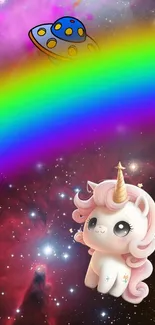 Pink unicorn with rainbow in space wallpaper.