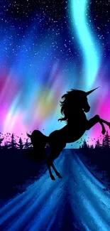 Unicorn silhouette with aurora borealis in night sky wallpaper.