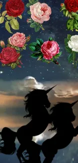 Silhouette unicorns with roses under a starry night sky.