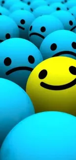 Yellow smiley among blue frowns on a mobile wallpaper.