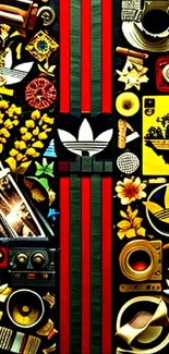 A vibrant mobile wallpaper with a colorful collage and retro elements.