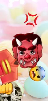 Vibrant emojis on a pastel background with a devil face and shocked expression.