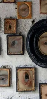 Vintage framed eyes on a brick wall creating a mysterious artistic wallpaper.