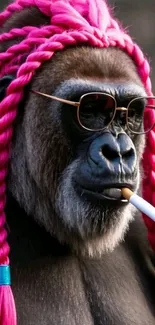 Gorilla wearing pink braids and sunglasses, smoking a cigarette.