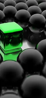 Abstract green cube with dark spheres wallpaper.