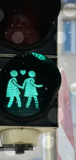 Artistic green pedestrian traffic light on city street background.