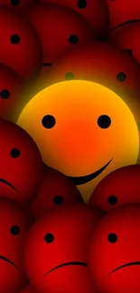 Smiling yellow face among red sad emojis on wallpaper.