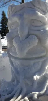 Intricate snow sculpture of a face in winter setting.