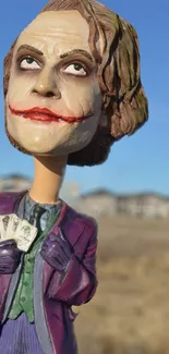 Joker figurine in purple jacket against a blue sky background.