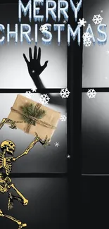 Skeleton delivering gift in Christmas wallpaper.