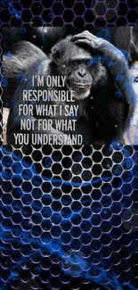 Monkey with thoughtful quote against abstract blue honeycomb background.