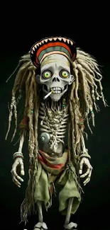 Skeleton with dreadlocks and hat, artistic wallpaper.