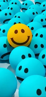 Blue emojis with one unique yellow smiley face in the center.