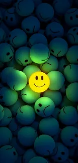 Yellow smiley face stands out among dark blue emoticons.