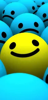 Yellow smiley face among blue frowning faces.