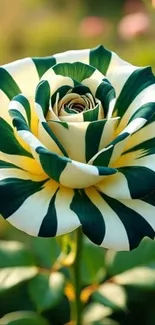 Striped green and white rose in full bloom against blurred background.