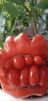 Vibrant tomato surrounded by green leaves in a white pot wallpaper.