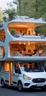Luxury triple-decker camper van in forest
