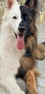 Unique black and white two-faced dog resting.