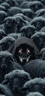 Wolf hidden among sheep with glowing eyes in a dark-themed wallpaper.
