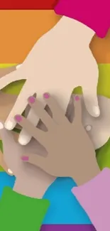 Hands of different races together on a rainbow background.