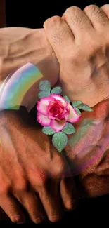 Intertwined hands holding a pink rose symbolizing unity.