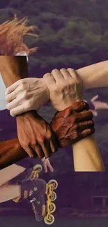 Diverse hands joined representing teamwork and unity on a vivid background.