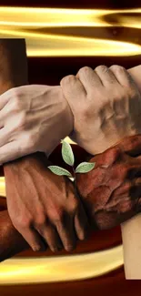 Intertwined hands with a sprouting plant on an abstract brown and gold backdrop.