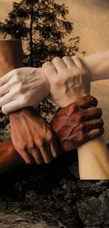 Diverse hands joined in unity on a mobile wallpaper.