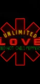 Neon 'Unlimited Love' mobile wallpaper featuring Red Hot Chili Peppers text.