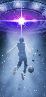 Person uplifted by UFO in sci-fi scene with blue cosmic light.