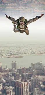 Upside-down skydiver over city skyline, surreal adventure view.