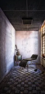 Abandoned room with vintage chair and TV, evoking urban decay.