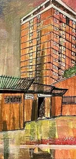 Abstract painting of urban buildings with orange and green hues.