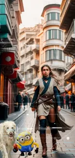 Mystical adventurer with companions in a vibrant city street scene.