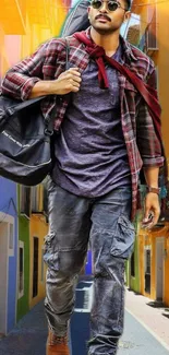 Man walking in a colorful city street with a stylish outfit and bag.