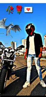 Motorcyclist in urban landscape with dragon overlay.