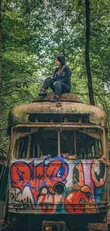 Person sitting on graffiti-covered train in forest wallpaper.